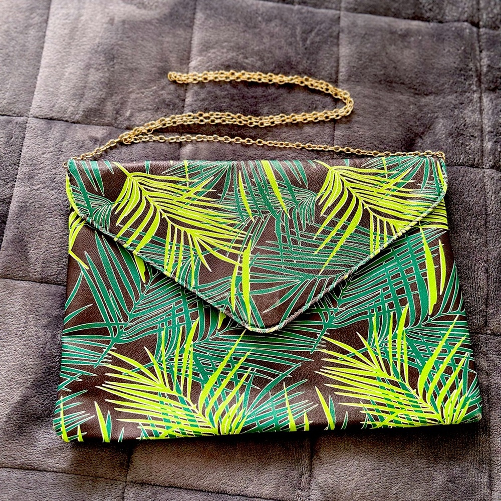 Pink Haley Vegan Leather Palm Leaf Convertible Envelope Clutch with Chain